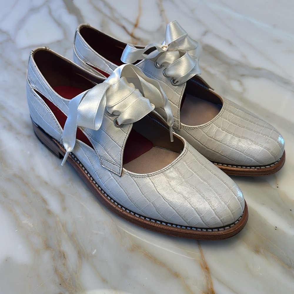 Grenson Crocodile Satin Bow Flats